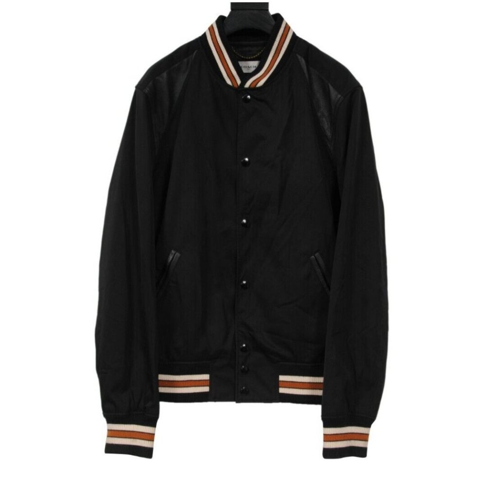Coach Mens Varsity Jacket Size US M IT 50 Black Gold Tan Leather Trim Teddy